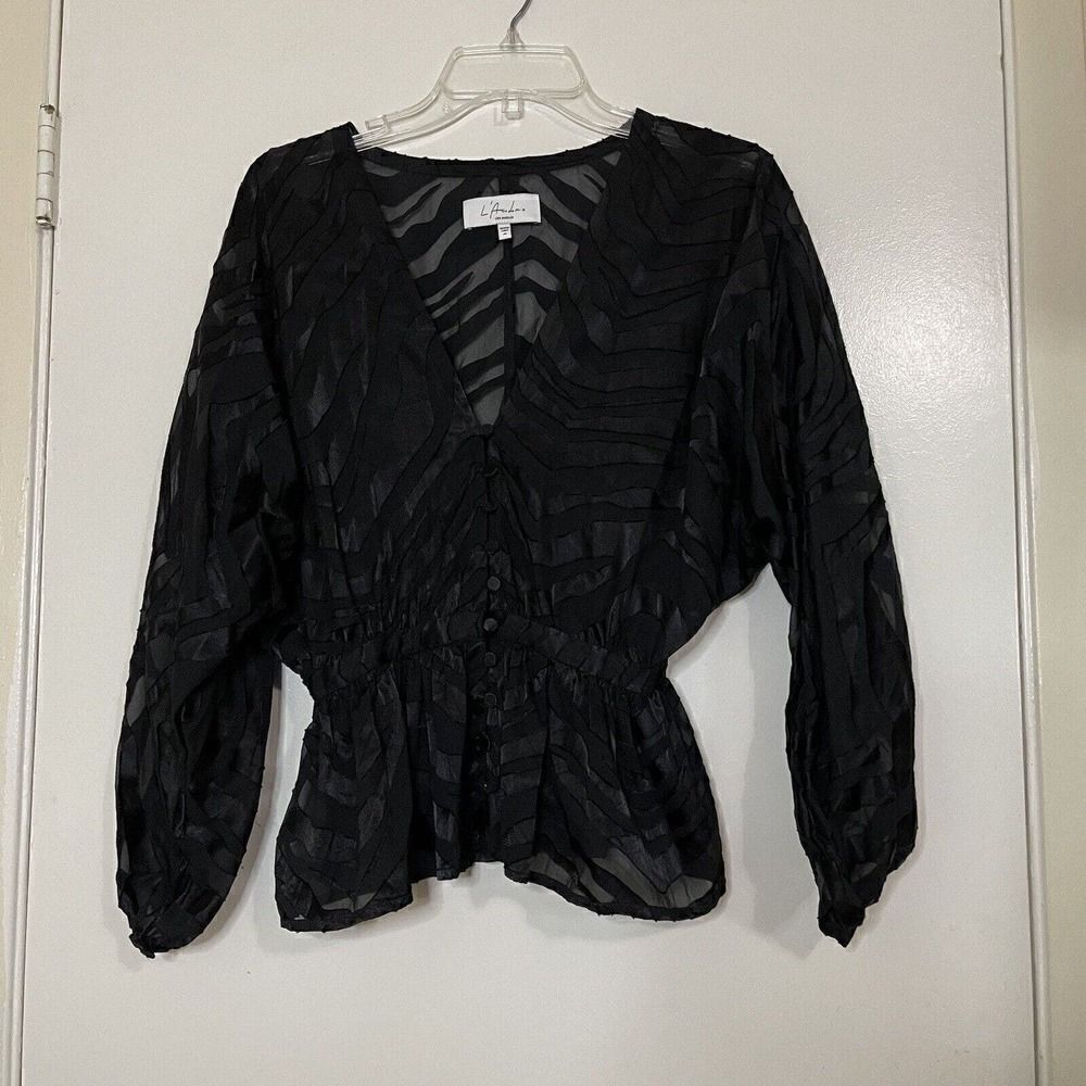 L'academie sheer black zebra print v neck cinch waist blouse top size xs